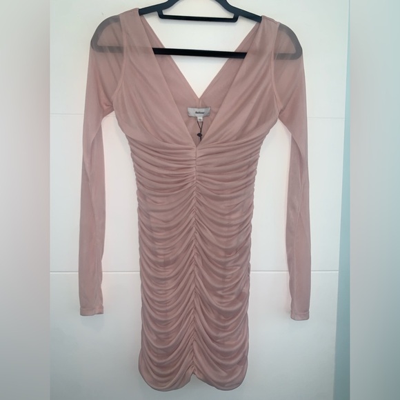 Auteur Studio Camille Mesh Pink Rouched Long Sleeve Mini Dress XS New
